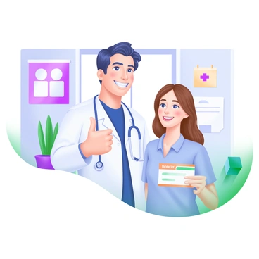A doctor in a white coat giving a thumbs-up with a cheerful smile. The doctor has short dark hair and is standing next to a patient who is holding a health insurance card in one hand. The patient has medium-length brown hair and is wearing a light blue shirt. The background features a bright, clean office environment, with a medical poster on the wall and a potted plant nearby. The overall scene conveys a positive interaction focused on health and wellness.
