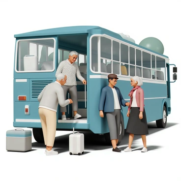 A group of four elderly individuals, two men and two women, are boarding a large, blue tour bus. One man, wearing a light gray sweater and beige trousers, helps a woman, who is dressed in a floral blouse and dark pants, step up onto the bus. The second man, with a brown cap and navy jacket, is chatting with the other woman, who has a red scarf and black skirt, as they prepare to enter. The bus is parked in a sunny area, with trees in the background, and small luggage bags are placed next to the entrance. Each individual has a joyful expression, anticipating the adventure ahead.