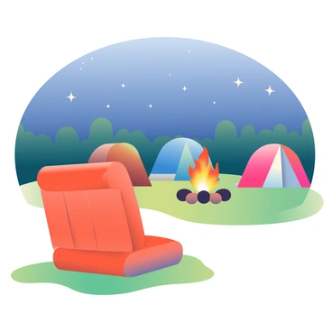 A portable inflatable chair is positioned in the foreground of the campsite. The chair is bright orange with a sleek design, and it sits on a patch of green grass. Surrounding the chair, there are several tents in various colors, including a blue tent and a red tent, both pitched in a semi-circle. In the center of the campsite, a campfire is crackling with bright orange flames, casting a warm glow around the area. Logs are arranged around the fire, providing seating for campers. The sky above is transitioning from dusk to night, filled with deep blues and scattered stars.