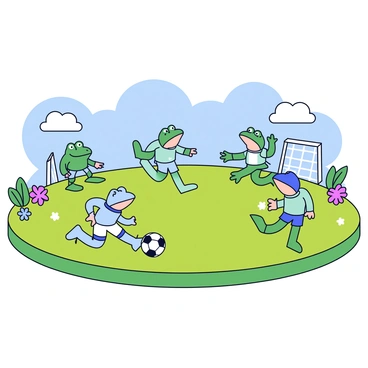 A group of five frogs, each varying in shades of green, are playing soccer on a vibrant grassy field. One frog is dribbling a small black and white soccer ball with its webbed feet. Another frog is positioned to the side, ready to intercept the ball, while a third frog jumps in the air, attempting to score. The goal is a large lily pad placed at one end of the field, with a few colorful flowers surrounding it. The background features a clear blue sky with a few fluffy white clouds.