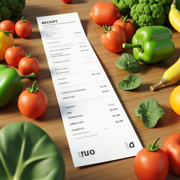 A long grocery receipt stretches across a wooden kitchen counter. The receipt is printed in clear, black text and displays various items bought. Surrounding the receipt, there is an abundance of fresh produce, including vibrant red tomatoes, green bell peppers, and yellow bananas. A leafy bunch of kale and a few bright oranges are also present. The kitchen counter has a warm, inviting appearance, with sunlight casting soft shadows on the items.