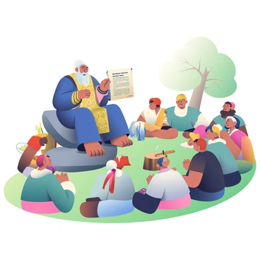 An old sage with a long, white beard is sitting on a large rock, surrounded by a circle of eager listeners. He is wearing a deep blue robe adorned with intricate golden patterns. The sage holds a weathered, ancient scroll in one hand, gesturing animatedly with the other as he recounts the tale of a legendary sword. The listeners, a diverse group of men and women of various ages, are sitting on the grass, their eyes wide with fascination. Sunlight filters through the leaves of nearby trees, creating dappled shadows on the ground. In the background, a small campfire is crackling, with a few wooden stumps placed around it as seating. A faint breeze rustles the pages of the scroll.