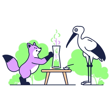 A fox with a bushy tail is standing on its hind legs, looking frustrated as it tries to reach soup served in a tall, narrow vase. The vase is placed on a small wooden table, and it is filled with a steaming, rich broth. A stork with long legs is positioned next to the table, looking down at the fox. The stork has a long beak, and it appears to be holding a spoon, ready to serve the soup. The scene is set in a natural environment with a few trees in the background, adding to the whimsical interaction between the fox and the stork.