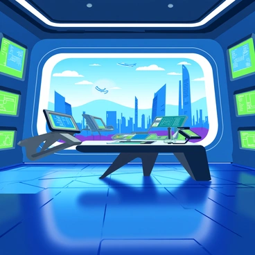 A futuristic control room with sleek, metallic walls and a high-tech design. The room is illuminated by soft blue and green lights emitting from various devices. Multiple holographic screens are displayed around the room, showing dynamic graphs, maps, and data streams. An interactive interface with glowing buttons and touch-sensitive panels is positioned in front of a large central console. The floor is glossy with a pattern of circuits, and a large window reveals a view of a vibrant cityscape filled with advanced skyscrapers and flying vehicles.
