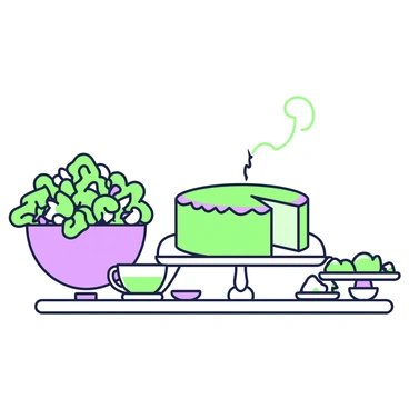 An illustration of various dishes infused with green tea, such as cakes and salads.