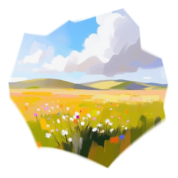 Vast open plains stretching to the horizon, covered with lush green grass. The grass is bending gracefully under the force of a strong wind, creating gentle waves across the landscape. Isolated patches of wildflowers can be seen interspersed throughout the grass, adding splashes of color. A few distant hills rise gently in the background, under a wide blue sky dotted with fluffy white clouds. The overall scene conveys a sense of movement and dynamism as the wind sweeps across the plain.