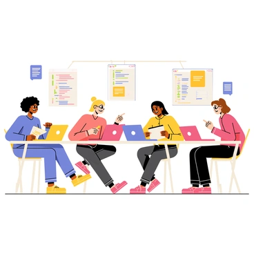 A group of four women sitting around a large rectangular table in a modern tech workshop. Each woman is engaged with her own laptop, displaying vibrant coding interfaces on the screens. One woman has curly black hair and is pointing at her screen, while another woman with straight blonde hair is taking notes in a notebook. The third woman, with glasses and a ponytail, is enthusiastically discussing something with the fourth woman, who has wavy brown hair. Colorful posters with coding languages and inspirational quotes adorn the walls. Bright overhead lights illuminate the space, creating a lively and collaborative atmosphere.