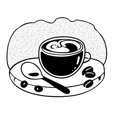 A latte in a clear glass cup on a wooden table, with swirling patterns on its surface that resemble a galaxy. The patterns include spirals and whorls in shades of black and white, creating a sense of depth. A small silver spoon rests next to the cup, and there are scattered coffee beans around it. The background features a textured surface that suggests a cozy café setting.