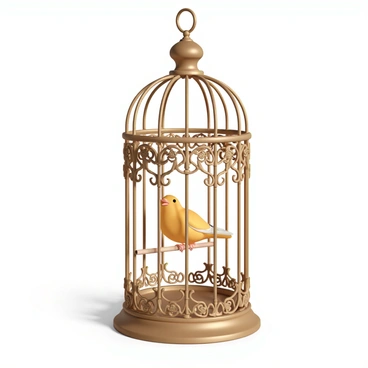 An ornate vintage birdcage with intricate metalwork and a brass finish. The cage is adorned with decorative swirls and floral patterns, creating an elegant appearance. Inside the cage, a small canary with bright yellow feathers is perched on a wooden dowel, singing cheerfully. Sunlight filters through the bars of the cage, casting soft shadows on the surface below, while delicate details of the cage enhance its antique charm.