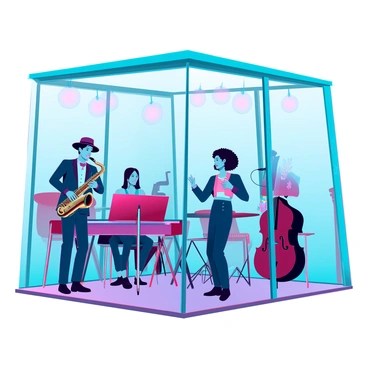 A cozy cafe with large glass windows, showcasing the interior. Inside, a jazz band of four musicians is performing energetically. The saxophonist, wearing a stylish fedora and a sharp suit, plays with passion. The pianist, a woman with curly hair, skillfully maneuvers her fingers across the keys, her expression focused. The double bassist stands beside her, plucking the strings, and the drummer, located at the back, keeps a lively rhythm with a dynamic expression. Patrons in the cafe are sitting at small tables, some with drinks, tapping their feet to the music. The warm glow of pendant lights overhead illuminates the scene, creating an inviting atmosphere.