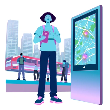 A commuter with medium skin tone and short, curly hair is standing at a bus stop. They are holding a smartphone in their hand, displaying a vibrant map with a blinking icon indicating the location of a smart bus. The commuter is wearing a light backpack and casual clothing suitable for a city environment. The background features a bustling urban scene with modern buildings and other commuters waiting for their buses. A digital bus schedule board can be seen in the distance, showing real-time updates.