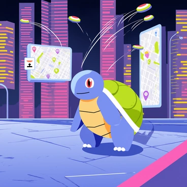 A blue Blastoise walking on a sleek, metallic sidewalk in a futuristic city. The city is filled with tall buildings glowing with vibrant neon lights in various colors including pink, blue, and green. Hover cars zip by above, leaving trails of light in their wake. In the background, a large digital billboard displays animated advertisements. Blastoise's shells shine under the neon glow as it interacts with a floating holographic map projected in front of it.