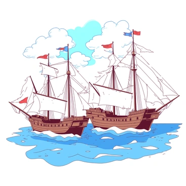A duotone illustration features a fleet of majestic wooden ships gracefully sailing across the ocean. The ships have tall, intricately designed masts with billowing sails catching the wind. Each ship displays various flags fluttering proudly in the breeze, adding to the festive atmosphere of the royal celebration. The ocean waves are gently lapping against the hulls of the ships, creating a dynamic interaction between the vessels and the water. In the sky above, puffy clouds are scattered, enhancing the grandeur of the scene.