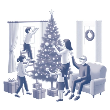 A family gathered around a Christmas tree. The tree is adorned with an assortment of ornaments and strings of lights. A child is climbing on a stool to place a star on top of the tree, while another child is handing over decorations to a parent. An elderly family member is sitting nearby, smiling and observing the festive activity. The living room is filled with holiday decorations, including a wreath on the door and garlands draped over furniture. There are various wrapped gifts under the tree, adding to the celebratory atmosphere.