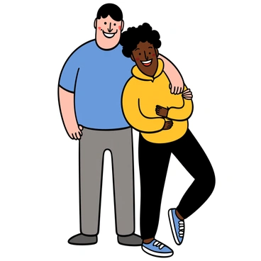 Two friends standing back-to-back, sharing a moment of laughter. One friend is taller with light skin and short black hair, wearing a blue t-shirt and gray jeans. The other friend is shorter with dark skin and curly hair, dressed in a yellow hoodie and black joggers. They are both smiling widely, conveying a sense of joy and camaraderie, with their arms slightly bent at their sides.