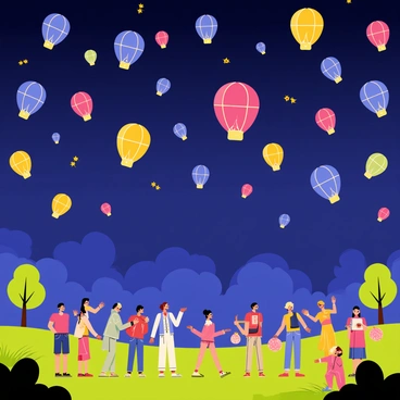A nighttime festival scene filled with numerous "paper lanterns" floating in the air, each glowing in vibrant hues of blue, pink, and yellow. Fireflies are scattered among the lanterns, adding tiny, flickering spots of light to the sky. Below, people in colorful clothing gather, some holding lanterns while others marvel at the spectacle above. The ground is covered with lush green grass, and a few trees can be seen, their silhouettes outlined by the lanterns' glow. The atmosphere conveys a sense of joy and celebration as people interact and enjoy the enchanting view.