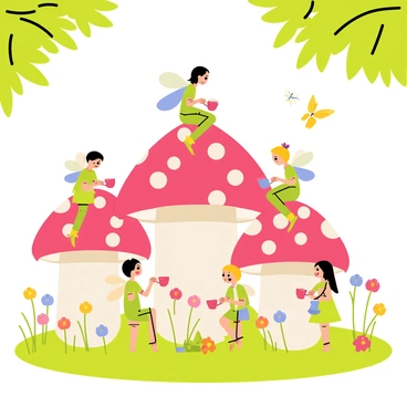 A group of tiny fairies with colorful wings is gathered around a large, red-and-white spotted mushroom. The fairies are seated on the mushroom tops, pouring tea from delicate, tiny teapots into miniature cups. The lush, green meadow surrounding them is filled with wildflowers in various colors, adding vibrancy to the scene. Sunlight filters through the leaves of nearby trees, casting playful shadows on the ground. Some fairies are fluttering above the mushroom, while others are laughing and engaging in conversation, creating a lively and whimsical atmosphere.