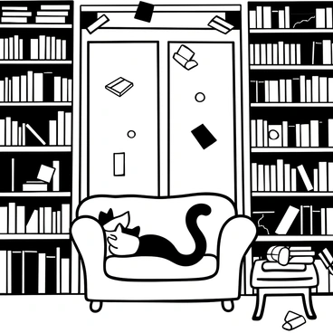 A cozy bookstore filled with tall shelves overflowing with books. Numerous books are floating gently in the air, creating a whimsical atmosphere. A plush window seat is positioned beside a large window, where a cat is curled up comfortably, with its tail wrapped around its body. Sunlight streams through the window, casting shadows across the wooden floor. A few scattered books are resting on a small table nearby, adding to the inviting ambiance.