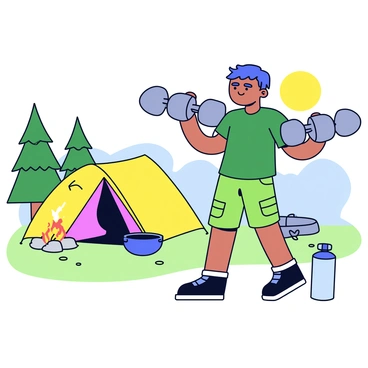 A backpacker is standing at a campsite, performing bicep curls with makeshift dumbbells. The dumbbells are composed of two large rocks held together by a sturdy rope. The backpacker is wearing a green t-shirt, cargo shorts, and hiking boots. In the background, there is a tent pitched on a grassy area surrounded by pine trees. A small campfire is visible beside the tent, with a pot hanging over it. The sun is shining, casting soft shadows on the ground. A water bottle and a rolled-up sleeping mat are placed nearby.