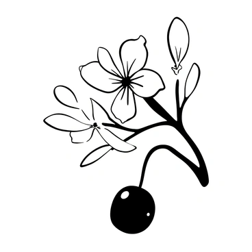 A delicate branch of cherry blossoms with intricate petals extending outward. Below the blossoms, ripe cherries hang, displaying their round, plump shape. The branch is slender and natural, with fine details in the bark. The scene captures the contrast between the soft blossoms and the glossy cherries, creating a harmonious composition.