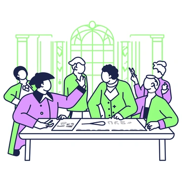 A founding father is depicted in the act of signing the "U.S. Constitution." He is positioned at a large wooden table, filled with parchment and quills. The founding father has an ornate coat and a tricorn hat, showcasing the fashion of the period. In the background, several delegates are engaged in discussion; one is pointing at the document while another is holding a quill, contemplating their next move. The setting is a historic room with large windows that allow ample light to illuminate the scene, revealing detailed woodwork and historical artifacts.