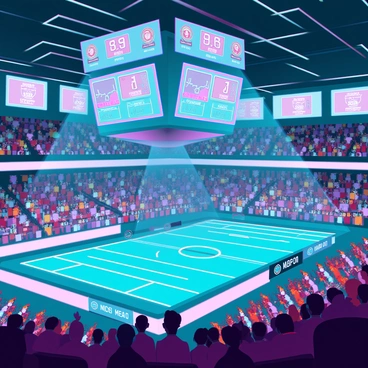 A large futuristic sports arena bustling with activity. The arena is filled with a diverse crowd of fans, some waving colorful banners and others wearing team merchandise. The stands are packed tightly, showcasing various expressions of excitement and enthusiasm. Above the arena, multiple holographic displays project vibrant graphics, showcasing scores, player statistics, and advertisements. The lighting is dynamic, with beams of colorful light cutting across the space. In the center, a high-tech playing field is visible, featuring advanced equipment and glowing lines marking the boundaries.