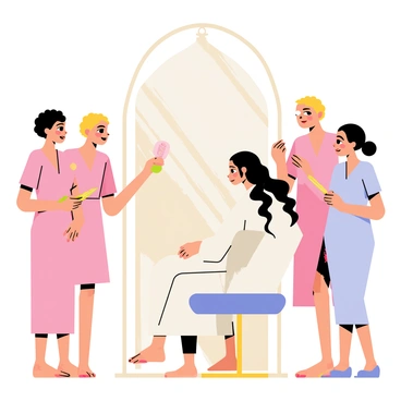 A bride with long, flowing hair is sitting in a chair in front of a large, ornate mirror. She is wearing a white robe and has a look of joy on her face while her hair is being styled. Surrounding her are three bridesmaids, each dressed in matching pastel dresses. One bridesmaid is holding a curling iron, while another is adjusting the bride's hair. The third bridesmaid is applying makeup, enhancing the bride's features. The background features soft lighting, creating a warm ambiance in the room.
