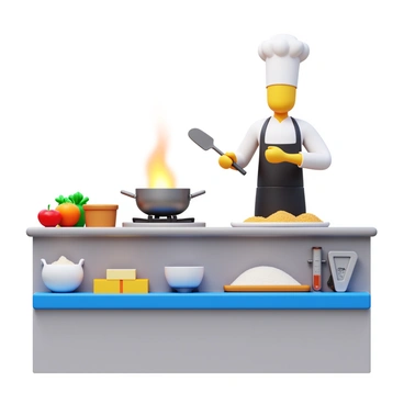 A chef in a modern kitchen wearing a white chef's coat and a black apron is demonstrating the chemistry behind cooking processes. The chef is standing next to a stove with a saucepan over a flame. The saucepan contains sugar that is melting and turning golden brown, illustrating the caramelization process. There are various ingredients on the countertop, including a bowl of granulated sugar, butter, and a thermometer measuring the temperature. The kitchen is well-equipped, with shiny utensils, a cutting board, and colorful vegetables nearby. The chef is holding a spatula and explaining the transformation of sugar to an audience.