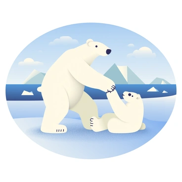 A pair of polar bears is playfully interacting on a stark white and blue arctic landscape. The first polar bear, a large adult with thick white fur, is standing on its hind legs and reaching out with its front paw towards the second polar bear, which is smaller and rolling on the snow. The snow is glistening under the sunlight, creating a sparkling effect. In the background, the icy blue sea can be seen, with chunks of ice floating in the water. The sky is a clear blue with a few wispy white clouds. The entire scene captures the playful nature of the bears amid the arctic environment.