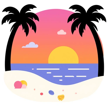 A tropical beach scene featuring soft, white sand and gentle waves lapping at the shore. Tall palm trees are silhouetted against a vibrant sunset, their dark shapes contrasting with bright orange, pink, and purple hues in the sky. The sun is partially visible, casting a warm glow across the horizon. A few fluffy clouds are scattered in the sky, reflecting the sunset colors. In the foreground, seashells and small rocks are scattered on the sand, adding detail to the scene.