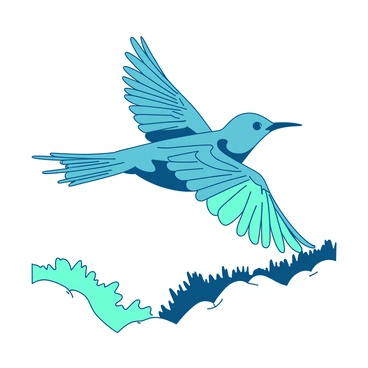 A teal mockingbird is soaring gracefully through a clear white sky. Its wings are fully outstretched, displaying intricate feather patterns. The sunlight illuminates the bird, casting soft shadows on its body as it glides effortlessly. Below, the landscape is visible, with hints of green foliage peeking through the vast expanse of blue.