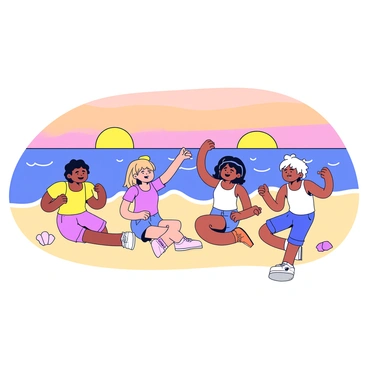 A group of four friends sitting on a sandy beach, stretching their arms and yawning as the sun rises over the horizon of the ocean. The sky is painted in soft pastel colors, with hues of orange, pink, and yellow. Each friend has a relaxed expression, wearing casual beach attire such as shorts and tank tops. In the background, gentle waves lap at the shore, and a few seashells scatter across the sand near their feet. The sun is visible, partially above the horizon, casting a warm glow on the scene.