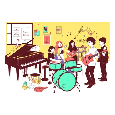 A yellow music classroom filled with various musical instruments, including a grand piano, acoustic guitars, and a set of colorful percussion instruments. In the center, a group of students is gathered around a teal drum set, energetically playing in harmony. A girl with long hair is seated at the piano, her fingers dancing across the keys. Nearby, a boy is strumming an acoustic guitar while another student is shaking a maraca. Music notes are visibly floating in the air, adding to the lively atmosphere. The walls are adorned with posters of famous musicians and musical scales.