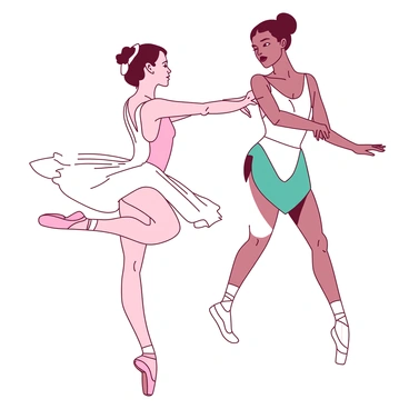 Two ballet dancers in elegant poses are performing a duet on a softly lit stage. The first dancer, wearing a flowing white tutu and delicate pink ballet shoes, is poised on one leg, her arms gracefully extended. The second dancer, dressed in a sleek white outfit with a hint of teal accents, mirrors her movements with precision. Their expressions convey concentration and harmony as they move in sync with each other, creating a visual representation of fluidity and grace. The faint glow of stage lights enhances the atmosphere, emphasizing the dancers' form and technique.