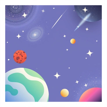 A vast cosmic scene filled with a variety of planets and stars is spread across the canvas. In the foreground, there is a large blue and green planet with swirling clouds. Surrounding it are several smaller planets, including a red rocky planet and a golden gas giant. The sky is a deep shade of purple, speckled with bright white stars of various sizes. In the background, distant galaxies can be seen, with spirals of shimmering light and clusters of stars. A few shooting stars streak across the scene, adding movement to the tranquil cosmic landscape.
