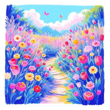A vibrant garden filled with a variety of blooming flowers, including roses, daisies, and tulips in colors like red, yellow, and purple. The flowers are surrounded by lush green foliage, with butterflies fluttering around them. In the center, there is a small stone path winding through the garden. A gentle breeze causes the flowers to sway slightly, creating a dynamic scene. The sky above is clear with a few fluffy white clouds.
