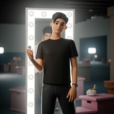 An actor, wearing a black fitted shirt and dark jeans, stands backstage in front of a large mirror surrounded by bright lights. The actor has short, styled hair and is looking focused, holding a small, shiny "lucky charm" in one hand. The backstage area is filled with crates and stage props, and a faint glow from the stage lights can be seen in the background. A sense of anticipation fills the air as the actor takes a deep breath, preparing to make their entrance.