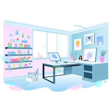 A spacious artist's studio features half of the room decorated in vibrant cartoon style, showcasing playful and whimsical designs, with colorful walls adorned with cheerful illustrations. On this side, there are shelves filled with cartoon-themed art supplies, such as brightly colored markers and sketch pads. The other half of the studio contrasts with a more refined illustration style, displaying elegant framed artworks and sophisticated tools like pencils and brushes arranged neatly. Soft, gradient pastel colors fill the background, creating a harmonious atmosphere that unites both styles. A large window allows natural light to flood the space, enhancing the creative environment.