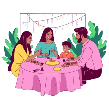 A group of cartoon people from different cultures is gathered in a vibrant outdoor setting. They are sitting at a large round table covered with colorful fabrics. Each person is engaged in applying intricate henna designs on each other's hands. There are two women, one wearing a bright yellow dress and the other in a teal kurta, both carefully tracing designs with henna cones. A man in a pink shirt is showing his decorated hands to a smiling child beside him, who is wearing a playful orange outfit. The background features lush green plants and hanging decorations, creating a festive atmosphere.