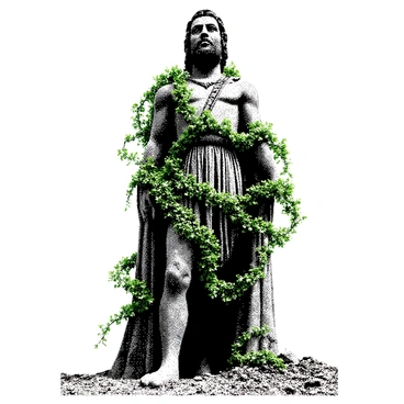 A giant ancient statue of a forgotten hero is standing partially submerged in the earth. The statue displays intricate details, with chiseled features that reflect a noble expression. It is enveloped in thick, green vines that twist and curl around the stone figure, emphasizing its age and connection to nature. The ground around the statue is uneven, with patches of earth showing where it is half-buried, suggesting the passage of time. The surrounding area is filled with small rocks and debris, further reinforcing the sense of an ancient site.