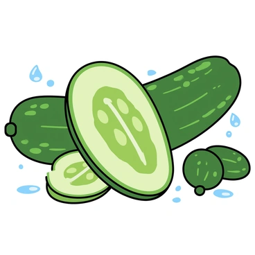 A large cucumber sliced in half, showcasing its vibrant green interior packed with juicy seeds. The cucumber skin has a glossy texture, while the inner flesh displays various shades of green, bordered with a bright white hue. The seeds are plump and shiny, adding a pop of contrast. Surrounding the cucumber are small, delicate droplets of water, emphasizing freshness. A few whole cucumbers are scattered around, highlighting the theme of cucumbers as fruit.