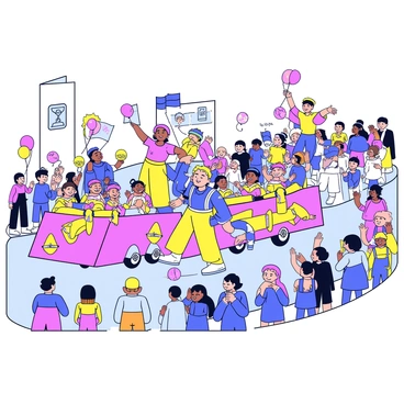 A lively parade featuring multiple colorful floats decorated with bright patterns and shapes. Each float has performers dressed in vibrant costumes, showcasing their talents. The crowd watches joyfully, waving flags and clapping. Some spectators hold balloons, while others take pictures. The atmosphere is filled with energy and excitement as the parade moves down a street lined with cheerful onlookers.