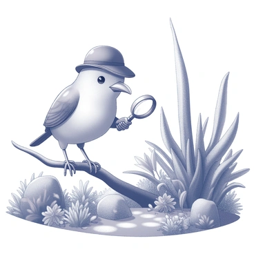 A bird with a detective hat stands on a branch, holding a magnifying glass in its beak. The bird has a keen, focused expression as it searches for clues in a lush garden below. The garden is filled with various plants and flowers, with a few scattered rocks and a small path weaving through the greenery. Sunlight filters through the leaves, creating dappled patterns on the ground. The bird has a slight tilt in its posture, indicating its attentiveness to the surroundings.