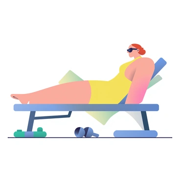 A person with light skin is lying on a bench press, resembling a sunbed, in a relaxed position. They are wearing stylish black sunglasses and a bright yellow swimsuit. The person's arms are behind their head, and their legs are extended straight along the bench. Surrounding the bench press are various fitness equipment, including dumbbells and a yoga mat in the background. The scene conveys a sense of leisure, blending gym elements with a beach-like vibe.