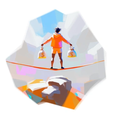 A person with medium skin tone is carefully balancing on a tightrope labeled "Budget." They are wearing a bright-colored outfit that contrasts with the background, which highlights their focus and determination. In each hand, they are holding a long stick, with money bags attached to each end. The money bags are overflowing with coins, and the person’s posture reflects a cautious yet confident stance as they navigate the tightrope. Below them, a vibrant landscape can be seen, emphasizing the height and risk of their balance act.