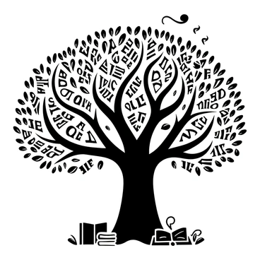 A large, majestic tree with a thick trunk and sprawling branches stands prominently. Its leaves are intricately formed from written words, creating a detailed texture across the foliage. The words are varied in size and font, weaving together to symbolize concepts of "knowledge" and "righteousness." Beneath the tree, the ground is covered with scattered leaves and a few open books lying among the roots. A gentle wind moves through the branches, causing the leaves to flutter subtly.