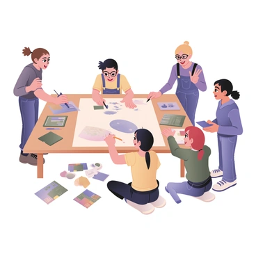 A digital flat illustration depicting a group of five students working together on a large illustration project. The first student on the left has curly brown hair and is wearing glasses, holding a pencil and sketching on a large sheet of paper on a table. The second student has straight black hair tied back in a ponytail and is painting with a brush on another section of the same project, wearing a yellow t-shirt and denim overalls. The third student is standing and discussing ideas, with short blond hair and a blue hoodie, gesturing excitedly. The fourth student has medium-length red hair and is sitting on the floor, surrounded by color swatches and markers, wearing a green sweater. The fifth student is looking at a digital tablet, collaborating with the others, wearing a purple shirt and jeans. The setting is bright and colorful, with art supplies scattered around the table.