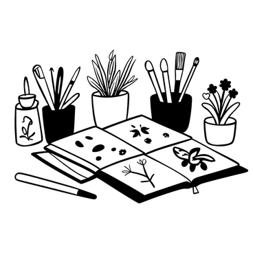 A variety of botanical illustration tools arranged on a wooden table. There are several pens of different sizes and a selection of brushes with varying bristle shapes. A few open sketchbooks display detailed botanical sketches, with leaves and flowers illustrated on the pages. In the background, there are small pots with various plants, showcasing the subjects of the illustrations.