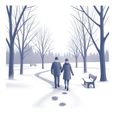 A park blanketed in snow. Tall, bare trees line the path, their branches heavy with frost. In the foreground, a couple is walking hand-in-hand along the snow-covered trail. The man is wearing a dark coat and a knitted scarf, while the woman is dressed in a long coat and a warm hat. Their footprints lead behind them, creating a trail in the fresh snow. In the distance, a wooden bench is partially covered with snow, and soft flakes continue to fall gently from the overcast sky.