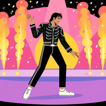 A scene featuring "Michael Jackson" performing energetically on a large stage. He is wearing a sparkling black jacket with silver accents and black pants, showcasing his iconic dance moves. Bright "pyrotechnics" create bursts of orange and red flames in the background. Colorful "confetti" falls from above, adding to the festive atmosphere. The stage is illuminated with vibrant lights, enhancing the excitement of the performance. "Michael" is captured mid-dance, exuding charisma and energy.